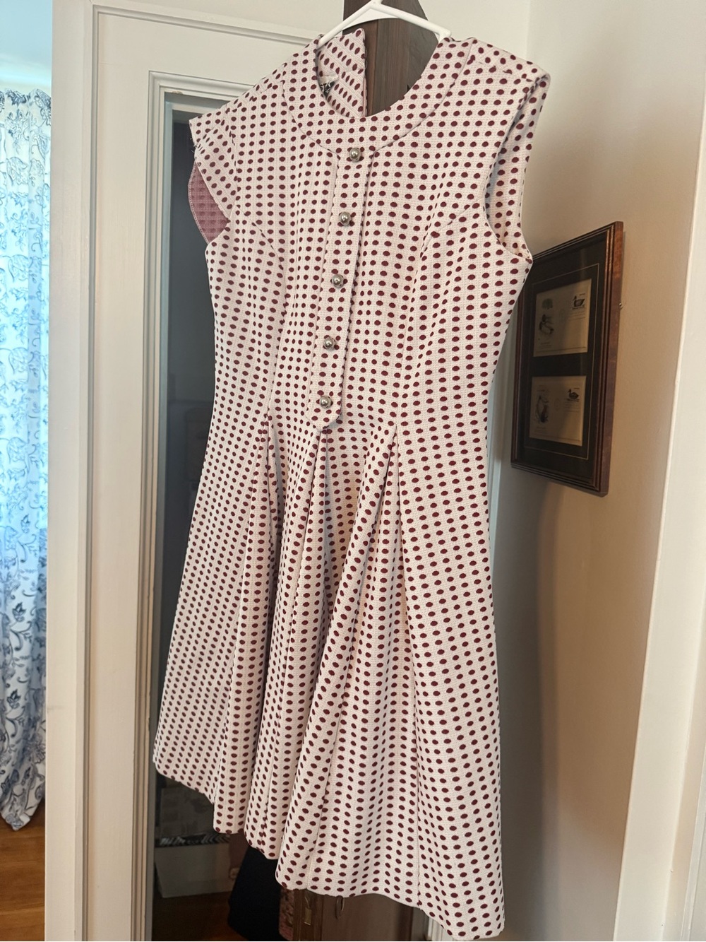 Vintage White Midi Dress with Maroon Polka Dots